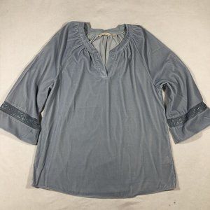 Soft Surroundings Top Womens Medium Blue Tunic Blouse Embellished Sleeve Velvet